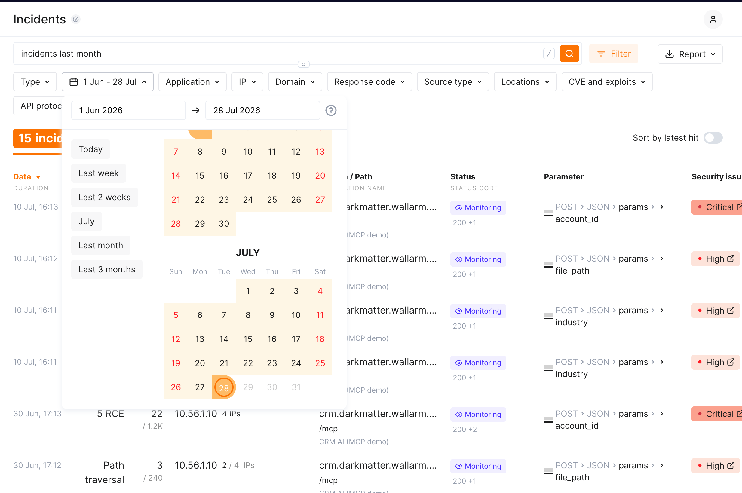 Date range filter in the Incidents section