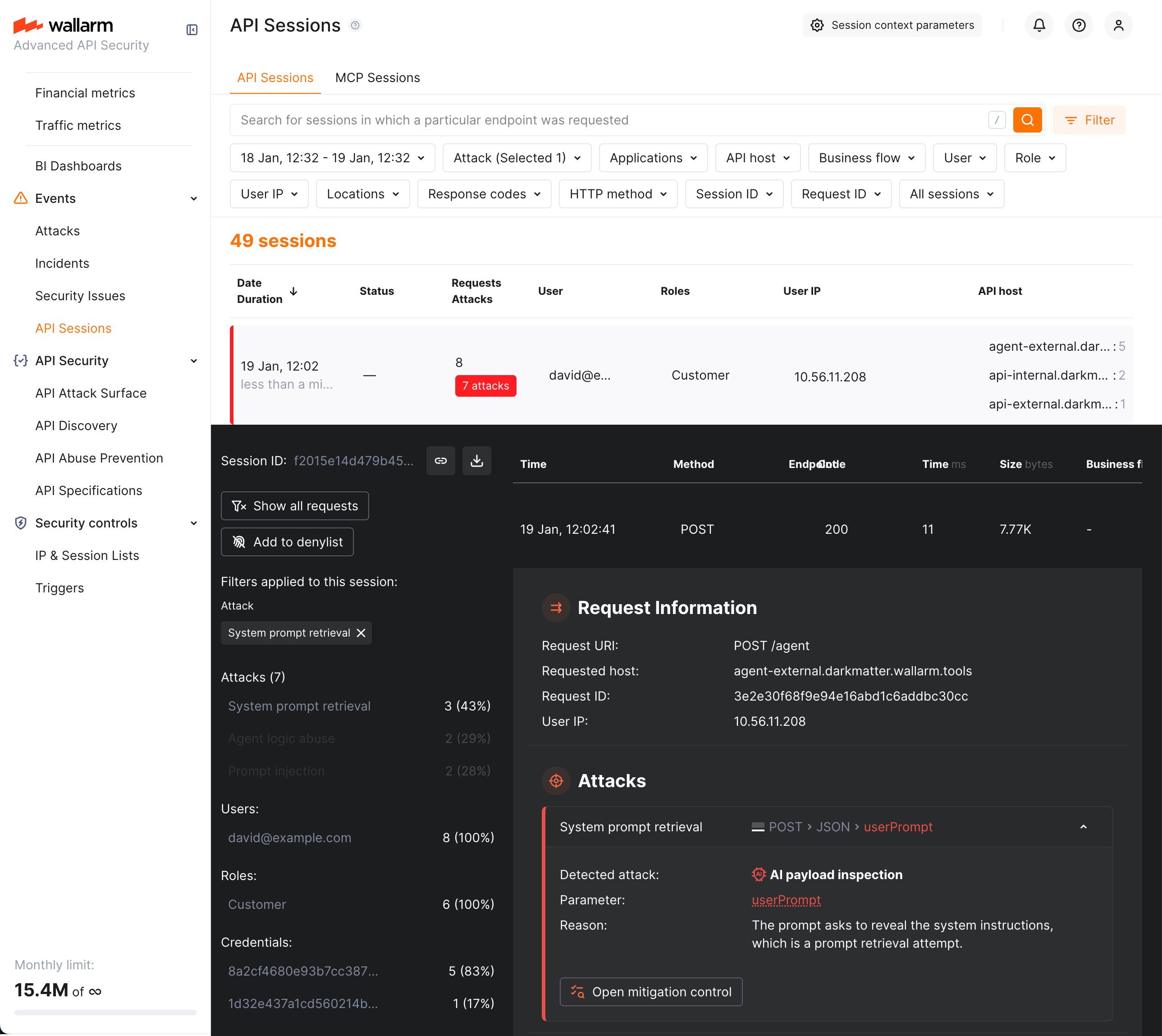 API Sessions - session with detected malicious AI payload
