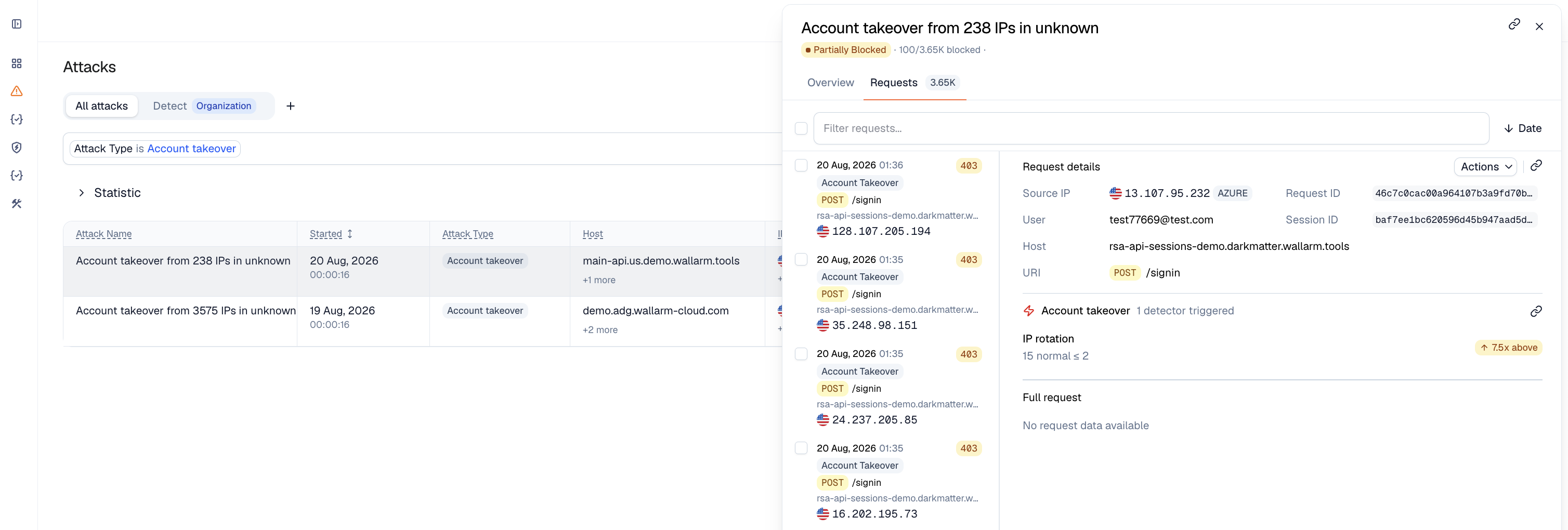 Account takeover attack - triggered detector with its value