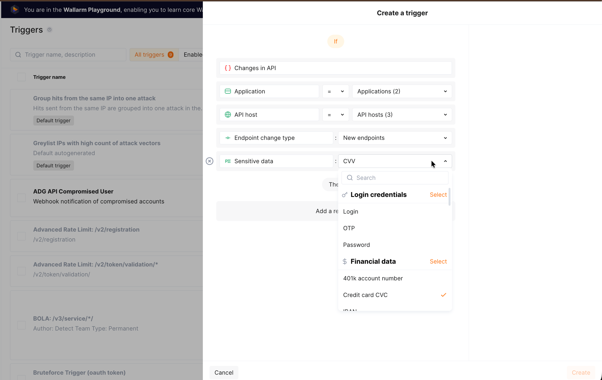 A filled-in Changes in API trigger