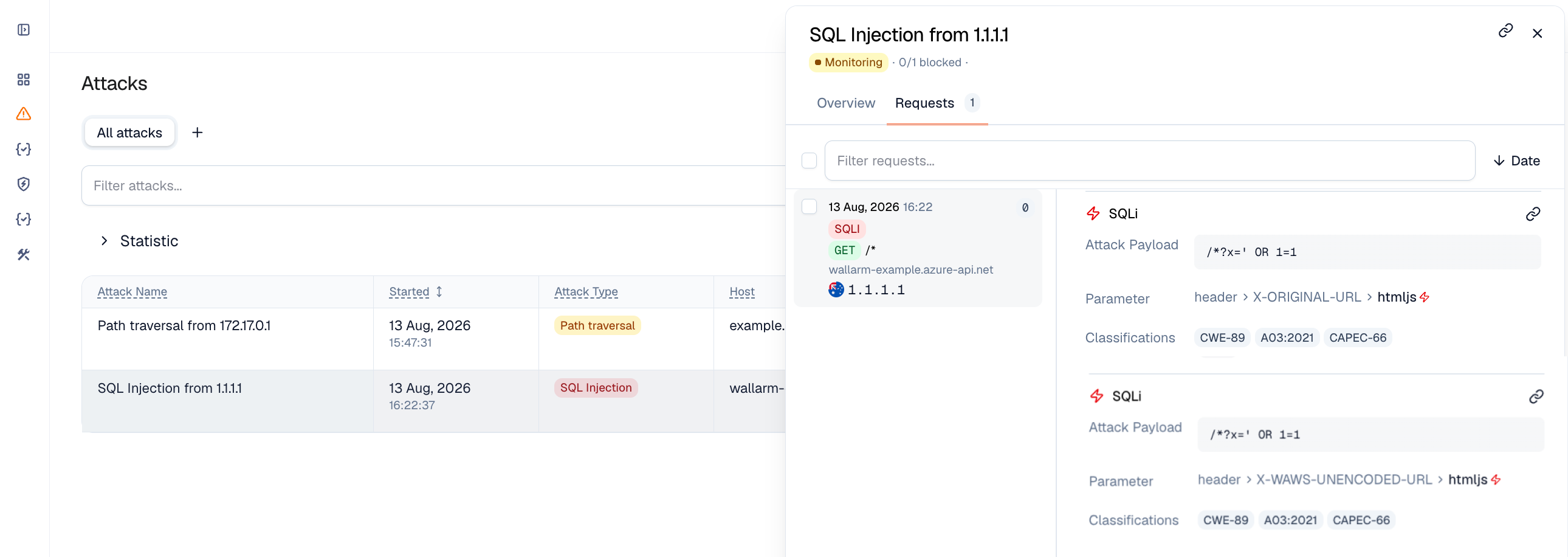 SQLi attacks in the interface (Azure APIM connector for Wallarm)